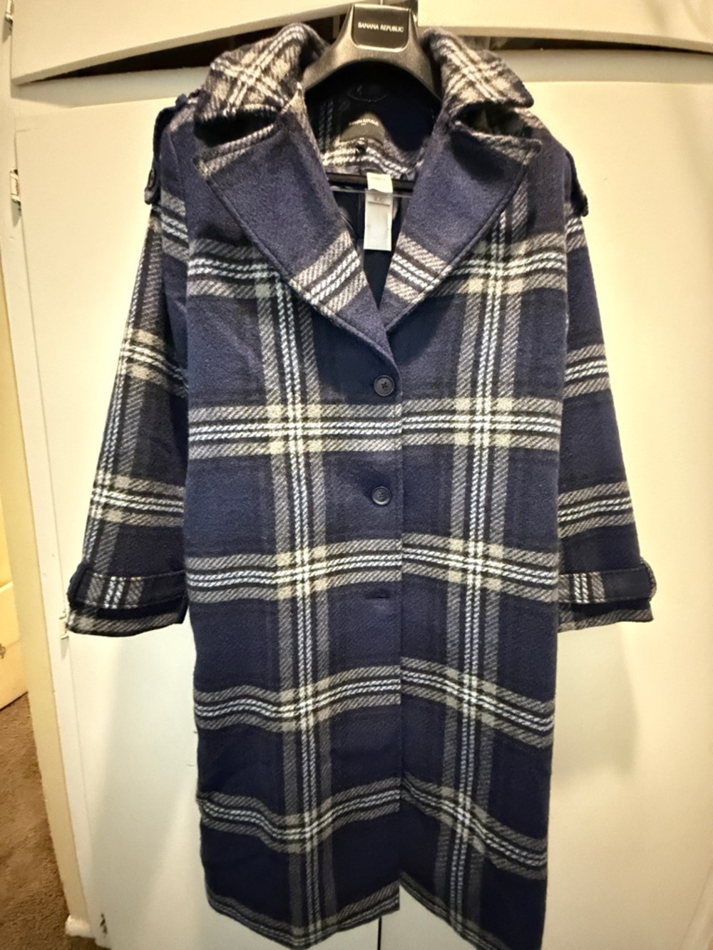 Banana Republic Navy and White Plaid Wool Blend Coat